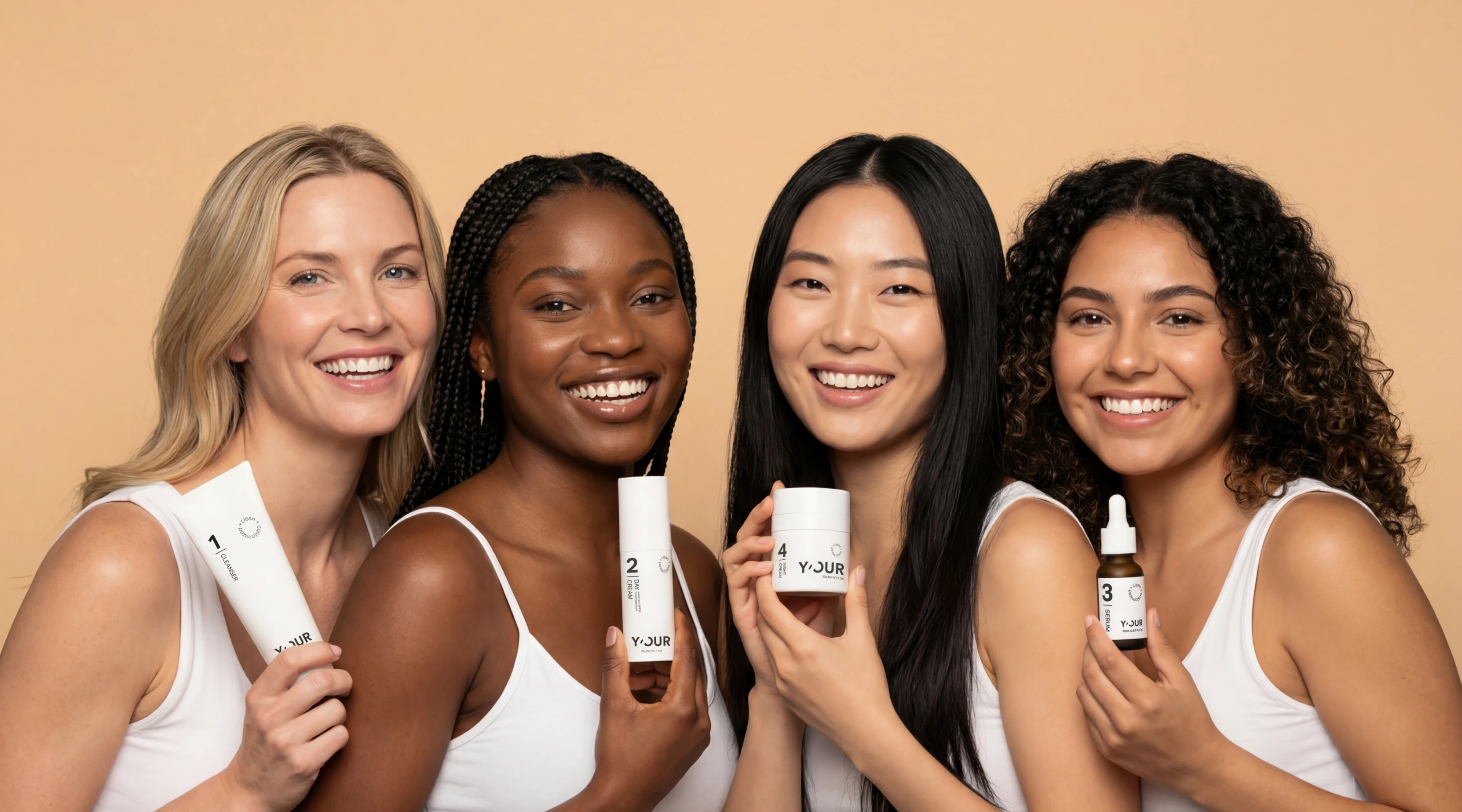 Four women holding their personalized Y'OUR skincare products